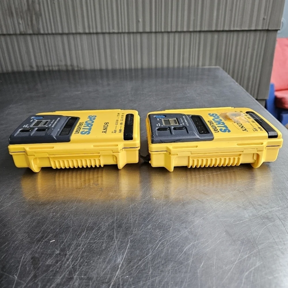 TWO Vintage Sony Yellow Sports Walkman WM-AF58 Radio Cassette Player Solar Alarm
